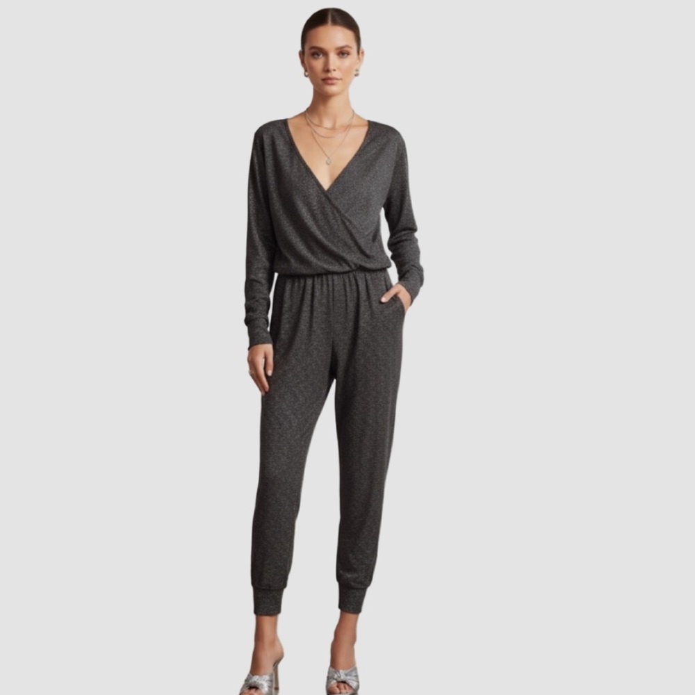Metallic Gray Wrap-Front Jumpsuit - Women's